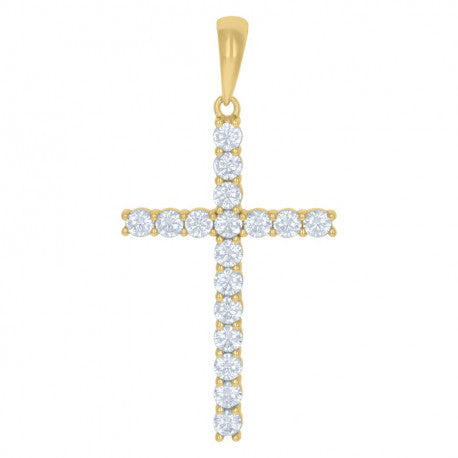 925 Solid Silver Yellow-tone Gold Mens Cubic-Zirconia Cross Religious Charm Pendant 112569