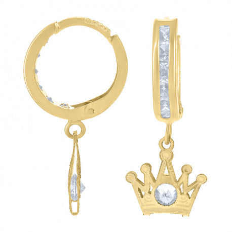 10kt Yellow Gold Womens Cubic-Zirconia Crown Dangle Hoop Earrings