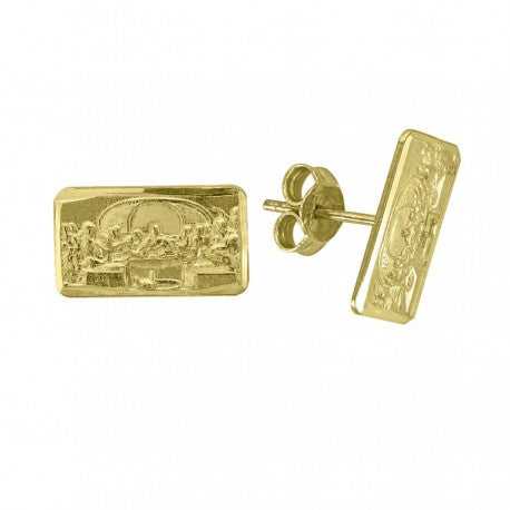 10kt Yellow Gold Textured Mens Last Supper 12.5mm X 7mm Religious Push Back Studs