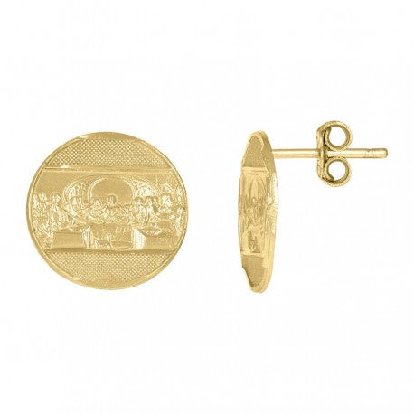 10kt Yellow Gold Textured Mens Last Supper 12mm Round Religious Push Back Studs