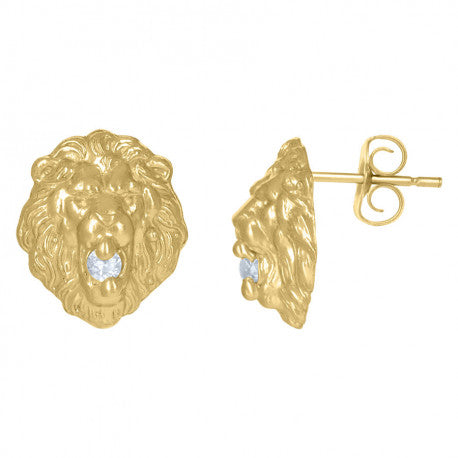 10kt Yellow Gold Mens Cubic-Zirconia Animal Lion Stud Earrings