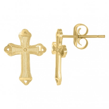 10kt Yellow Gold Unisex Textured Cross Religious Stud Earrings