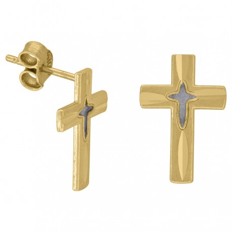 10kt Two-Tone Gold Mens Dc Cross Religious Stud Earrings