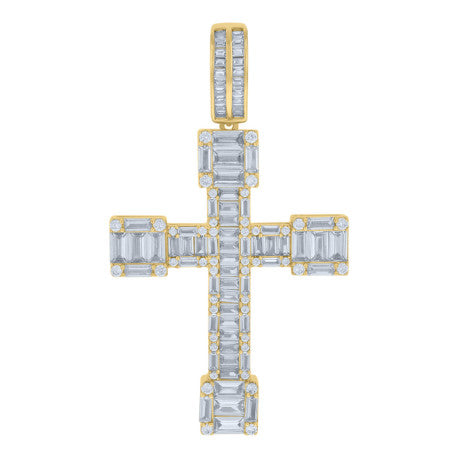 925 Solid Silver Yellow-Tone Gold Vermeil Mens Baguette Round Cubic-Zirconia Cross Religious Charm Pendant 118712