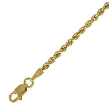 10kt Yellow Gold 2mm Unisex Hollow Rope Chain Bracelet(7" to 9Inches)