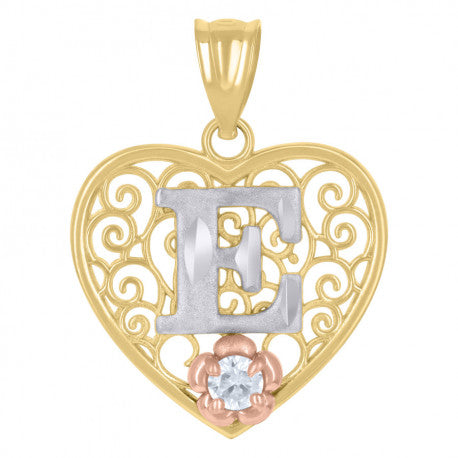 10KT Gold Tri-Color Alphabet Heart Initial Filigree Pendant (A-Z available) 91810