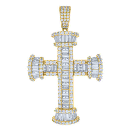 925 Solid Silver Yellow-Tone Gold Vermeil Mens Baguette Round Cubic-Zirconia Cross Religious Charm Pendant 119326