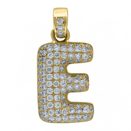 10kt Yellow Gold Unisex Iced Bubble Initial Charm Pendant (5A Round CZ Stones)Alphabet Letters A-Z