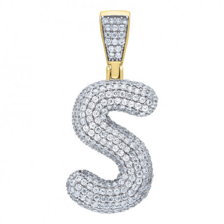 925 Solid Silver Yellow Gold Vermeil Unisex Bubble Initial Charm Pendant (5A Round Cut CZ Stones) Alphabet Letters A-Z