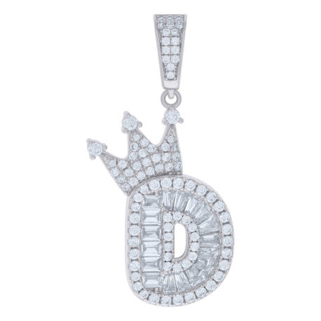 925 Solid Silver Unisex Bubble Crown Initial Charm Pendant (5A Baguette+Round Cut CZ Stones) Alphabet Letters A-Z