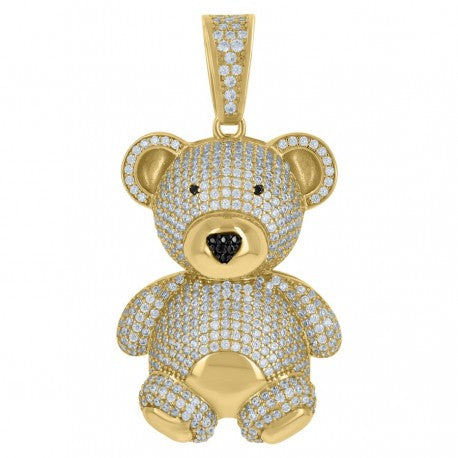 10kt Yellow Gold Mens Black White Cubic-Zirconia Teddy Bear Fashion Charm Pendant