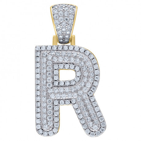 925 Solid Silver Yellow Gold Vermeil Unisex 3D Bubble Initial Charm Pendant (5A Round Cut CZ Stones) Alphabet Letters A-Z