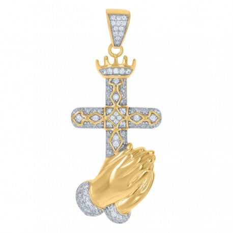 925 Solid Silver Yellow-Tone Gold Vermeil Men Cubic-Zirconia Praying Hands Cross Religious Charm Pendant 66847