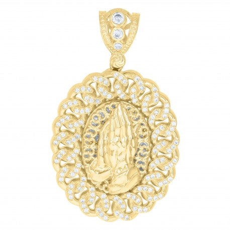 10kt Yellow Gold Mens Cubic-Zirconia Praying Hands Religious Symbol Cuban Link Medallion Charm Pendant