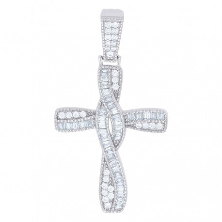 .925 Solid Silver Mens Baguette Cubic-Zirconia Twisted Cross Religious Charm Pendant 110357