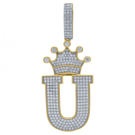 925 Solid Silver Yellow Tone Gold Vermeil Unisex Crown Initial Charm Pendant (5A Round Cut CZ Stones) Alphabet Letters A-Z