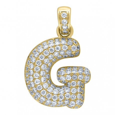 10kt Yellow Gold Unisex Iced Bubble Initial Charm Pendant (5A Round CZ Stones)Alphabet Letters A-Z