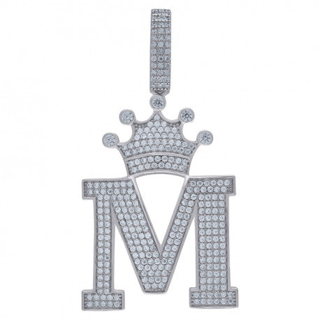 925 Solid Silver Unisex Crown Initial Charm Pendant (5A Round Cut CZ Stones) Alphabet Letters A-Z