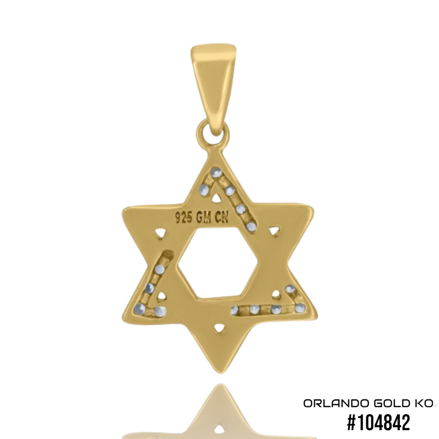 925 Solid Silver Yellow-Tone Gold Vermeil Unisex Cubic-Zirconia Star Of David Symbol Religious Charm Pendant #104842