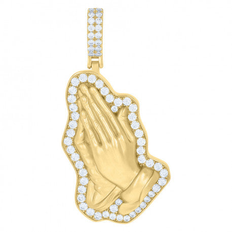 925 Solid Silver Yellow-Tone Gold Vermeil Mens Cubic-Zirconia Praying Hands Symbol Religious Charm Pendant 117138