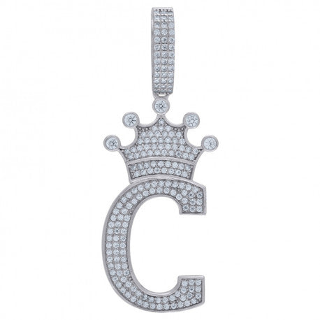 925 Solid Silver Unisex Crown Initial Charm Pendant (5A Round Cut CZ Stones) Alphabet Letters A-Z