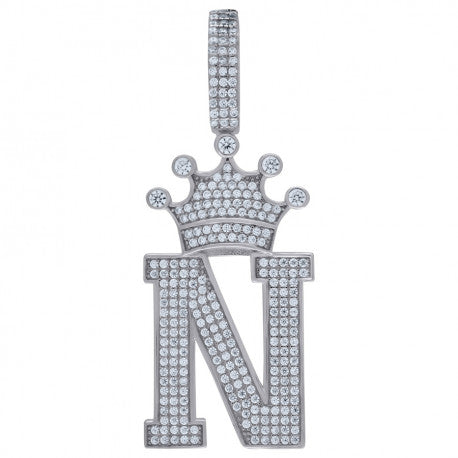 925 Solid Silver Unisex Crown Initial Charm Pendant (5A Round Cut CZ Stones) Alphabet Letters A-Z