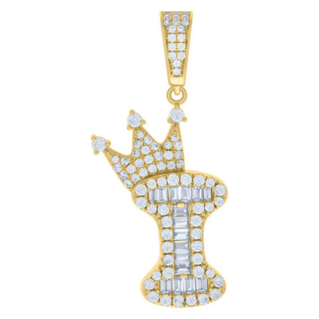 925 Solid Silver Yellow Gold Vermeil Unisex Bubble Crown Initial Charm Pendant (5A Baguette+Round Cut CZ Stones) Alphabet Letters A-Z