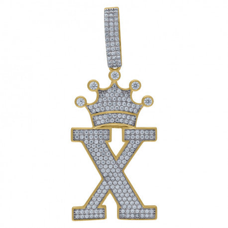 925 Solid Silver Yellow Tone Gold Vermeil Unisex Crown Initial Charm Pendant (5A Round Cut CZ Stones) Alphabet Letters A-Z