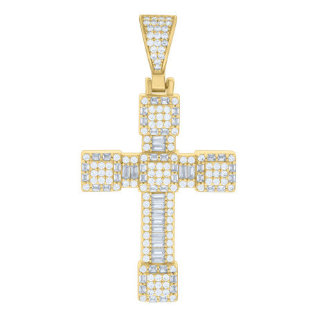 925 Solid Silver Yellow-Tone Gold Vermeil Mens Baguette Round Cubic-Zirconia Cross Religious Charm Pendant 118694