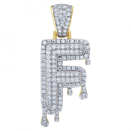 925 Solid Silver Yellow Gold Vermeil Unisex Bubble Dripping Initial Charm Pendant (5A Round Cut CZ Stones) Alphabet Letters A-Z