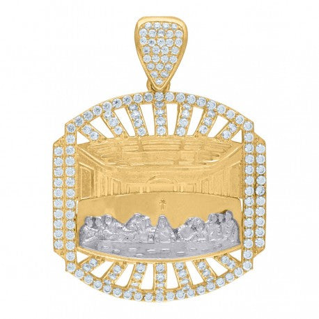 10kt Two-Tone Gold Mens Cubic Zirconia Last Supper Medallion Religious Charm Pendant