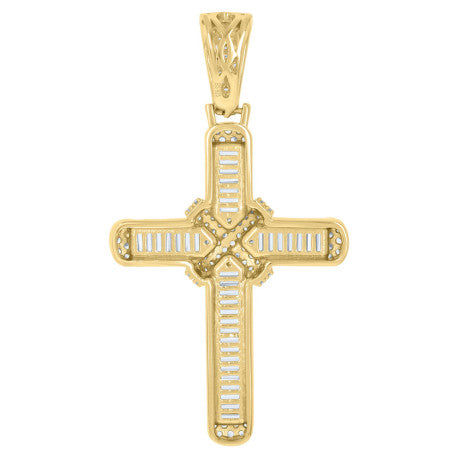 925 Solid Silver Yellow-tone Mens Baguette Round Cubic-Zirconia Cross Religious Charm Pendant 117151