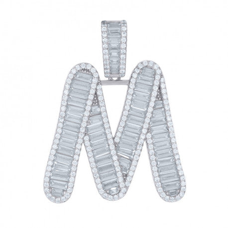 925 Solid Silver Unisex Single Row Initial Charm Pendant (5A Round Cut CZ Stones) Alphabet Letters A-Z