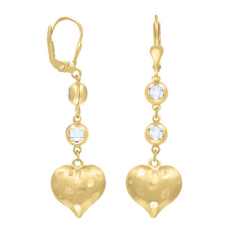 10kt Yellow Gold Womens Cubic-Zirconia Heart Dangle Leverback Earrings