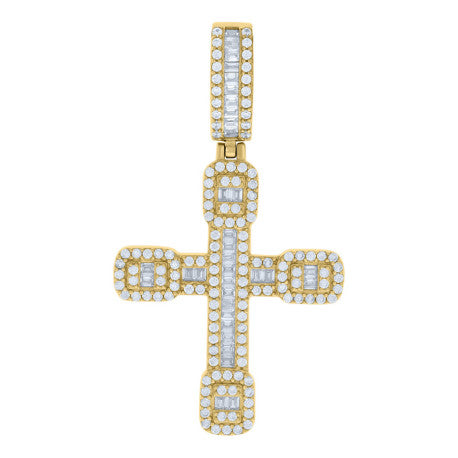 925 Solid Silver Yellow-Tone Gold Vermeil Mens Baguette Round Cubic-Zirconia Cross Religious Charm Pendant 120550