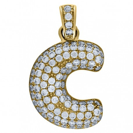 10kt Yellow Gold Unisex Iced Bubble Initial Charm Pendant (5A Round CZ Stones)Alphabet Letters A-Z