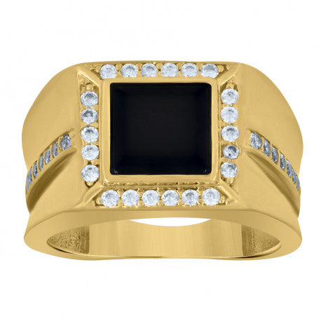 10kt Yellow Gold Mens Cubic-Zirconia Black Enamel Square Head Fashion Ring