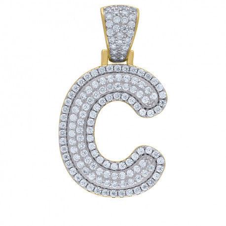 925 Solid Silver Yellow Gold Vermeil Unisex 3D Bubble Initial Charm Pendant (5A Round Cut CZ Stones) Alphabet Letters A-Z