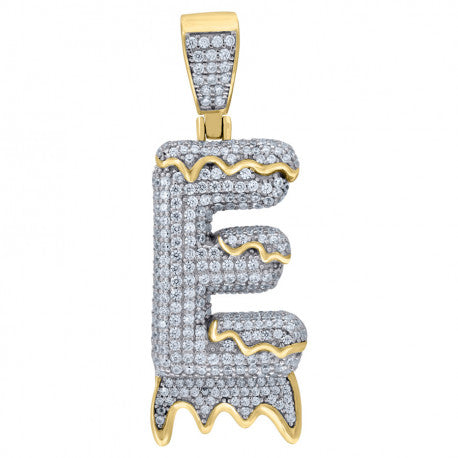 925 Solid Silver Yellow Gold Vermeil Unisex Drippy Bubble Initial Charm Pendant (5A Round Cut CZ Stones) Alphabet Letters A-Z