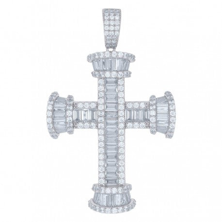 .925 Solid Silver Mens Baguette Cubic-Zirconia Cross Religious Charm Pendant 110976