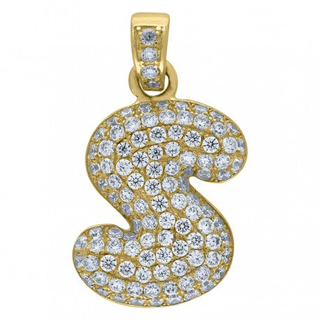 10kt Yellow Gold Unisex Iced Bubble Initial Charm Pendant (5A Round CZ Stones)Alphabet Letters A-Z