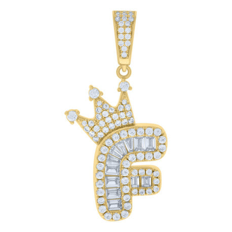 925 Solid Silver Yellow Gold Vermeil Unisex Bubble Crown Initial Charm Pendant (5A Baguette+Round Cut CZ Stones) Alphabet Letters A-Z