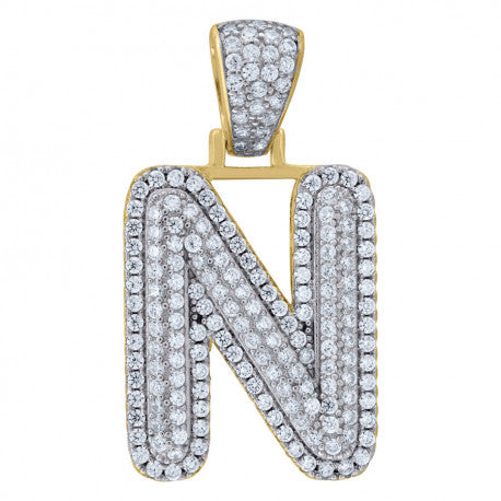 925 Solid Silver Yellow Gold Vermeil Unisex 3D Bubble Initial Charm Pendant (5A Round Cut CZ Stones) Alphabet Letters A-Z