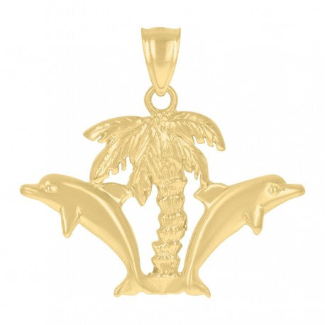 10kt Yellow Gold Womens Hawaiian Palm Tree Double Dolphin Animal Charm Pendant