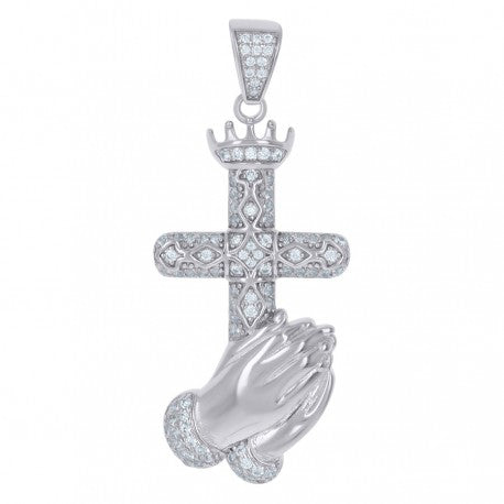 .925 Solid Silver Men Cubic-Zirconia Praying Hands Cross Religious Charm Pendant 66492