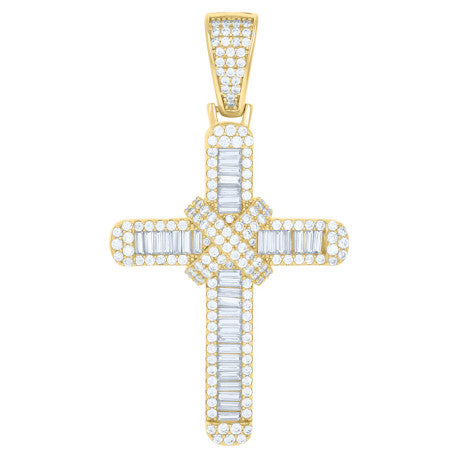 925 Solid Silver Yellow-tone Mens Baguette Round Cubic-Zirconia Cross Religious Charm Pendant 117151