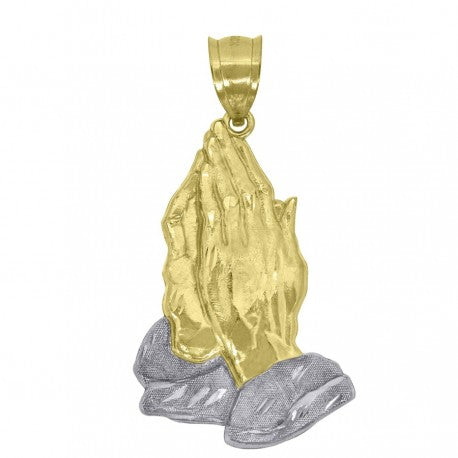 10kt Gold Two-Tone Diamond-Cut Textured Unisex Praying Hands Religious Charm Pendant