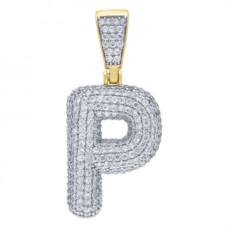 925 Solid Silver Yellow Gold Vermeil Unisex Bubble Initial Charm Pendant (5A Round Cut CZ Stones) Alphabet Letters A-Z