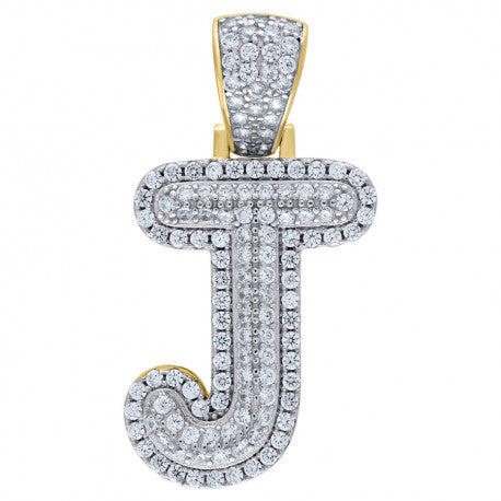 925 Solid Silver Yellow Gold Vermeil Unisex 3D Bubble Initial Charm Pendant (5A Round Cut CZ Stones) Alphabet Letters A-Z