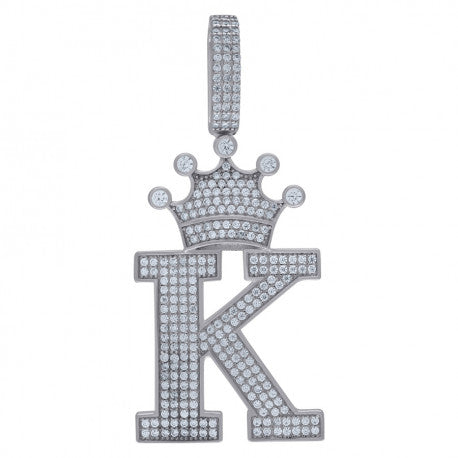 925 Solid Silver Unisex Crown Initial Charm Pendant (5A Round Cut CZ Stones) Alphabet Letters A-Z